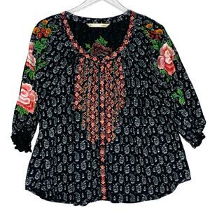 Wayward Fancies 1X Floral Embroidery Print Button Front Top Boho eShakti